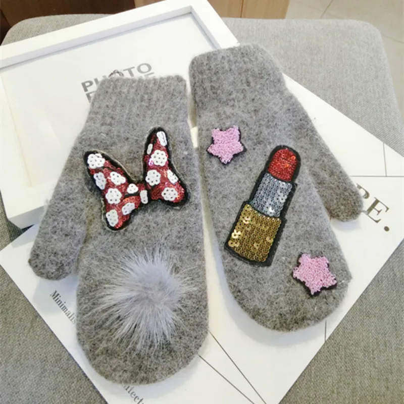 

new Ears five pointed star rabbit fur even finger knit spring winter autumn gloves women warm Korean tide goods