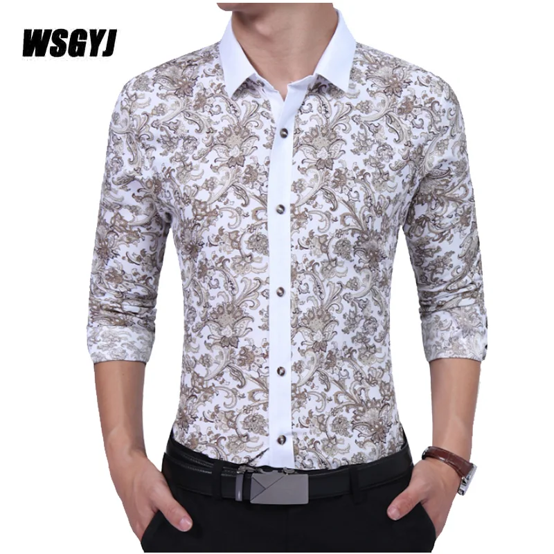2017 мужская мода рубашка модная Цветочная тонкая с квадратным воротником