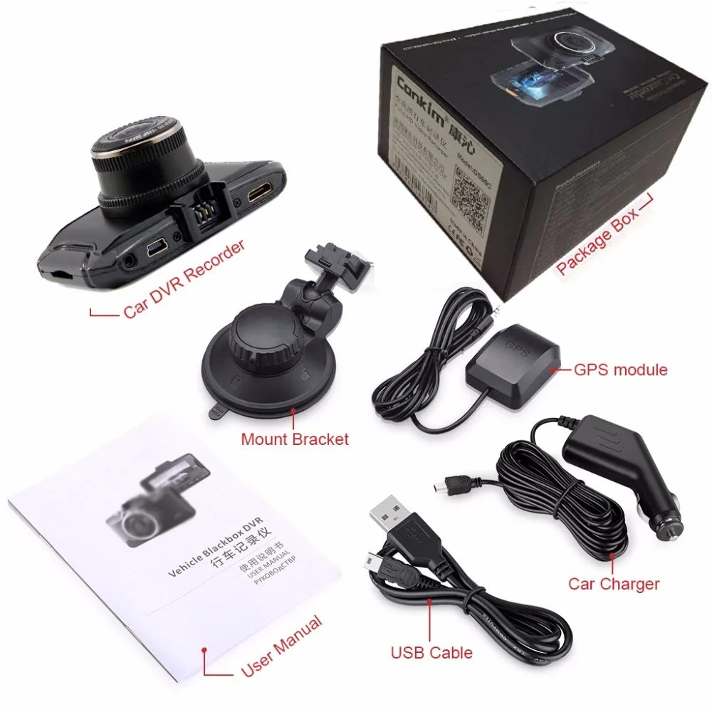 Conkim Car DVR Ambarella A7 Auto Video Recorder 1296P 170 Degree Wide Angle 2.7&quot LCD Dash Camera With GPS Multi-Languages GS90C |