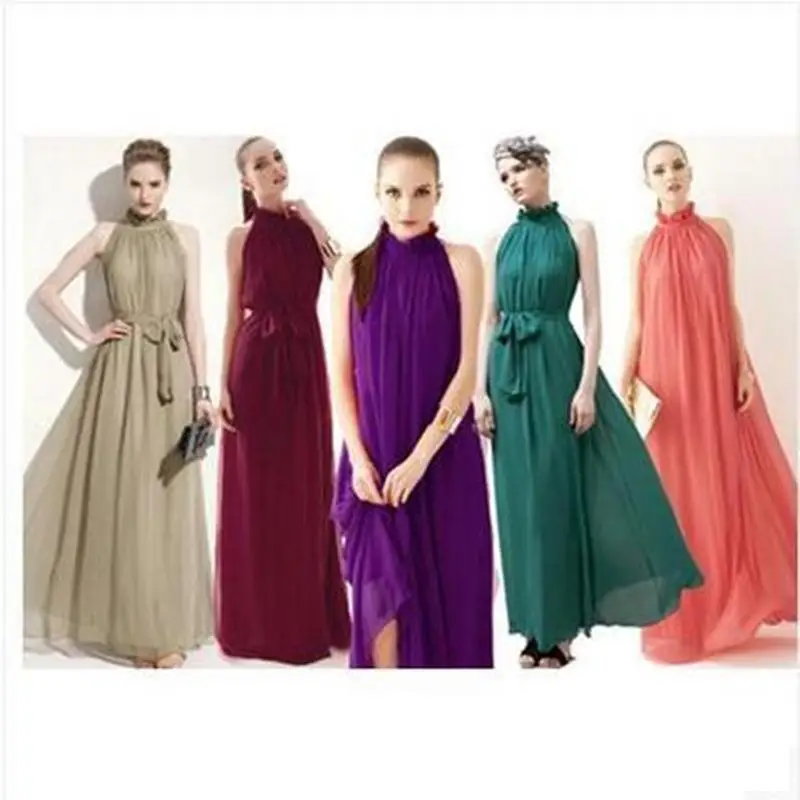 Женское богемное длинное платье шифоновое пляжное с лямкой на шее и