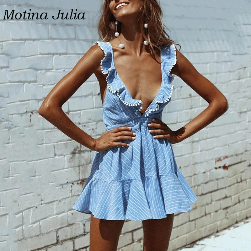 Женское платье с помпонами Motina Julia мини-платье в полоску глубоким вырезом и