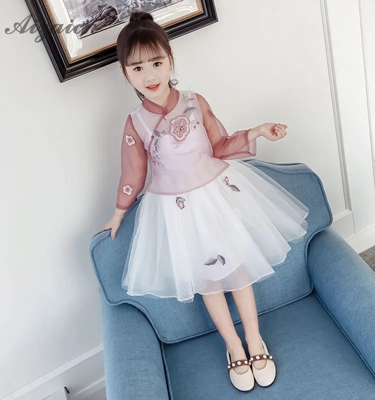 Темно-зеленые детские платья Cheongsam в ориентельском стиле из двух предметов детское традиционное китайское платье Qipao юбка принцессы из пряжи