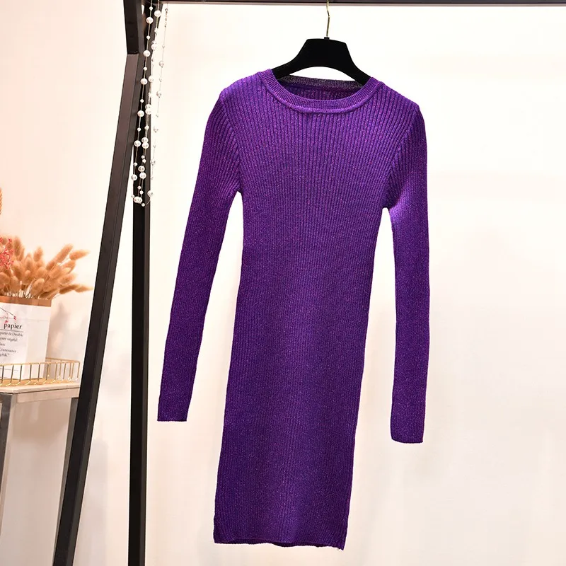 Purple 768 ONLYSVTER, блестящее женское платье-свитер длиной до колена с люрексом, Платье До Колена с длинным рукавом, обтягивающее сексуальное платье для женщин - Цвет: Purple 768