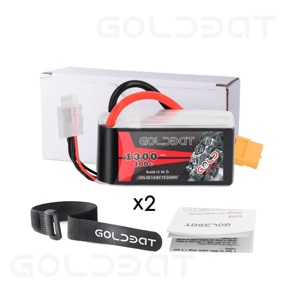 

GOLDBAT Lipo Battery 1300mAh 4S 100C 14.8V Softcase Pack with XT60 Plug for RC Car Truck Heli Airplane UAV Drone FPV Racing 2pac