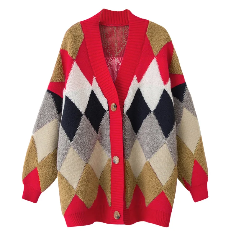 OMCHION Casaco Feminino 2018 Autumn Winter V Neck Long Cardigan Women Casual Loose Thick Argle Patchwork Sweater Jumper QS74 |