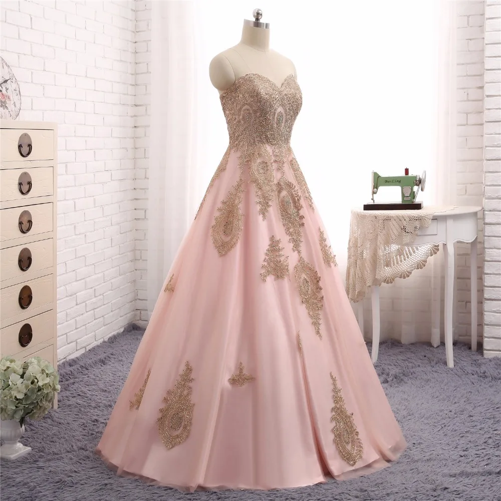 Женское вечернее платье трапеция розовое и золотистое с вырезом сердечком