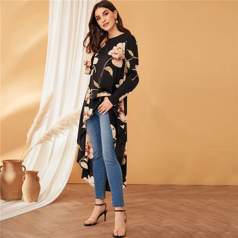 SHEIN, женская блузка с цветочным принтом и высоким низом,, черная, круглый вырез, длинный рукав, весна-лето, блузка, асимметричные женские топы