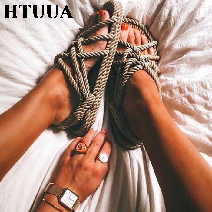 HTUUA/сандалии на плоской подошве с перекрестной шнуровкой и пеньковой веревкой