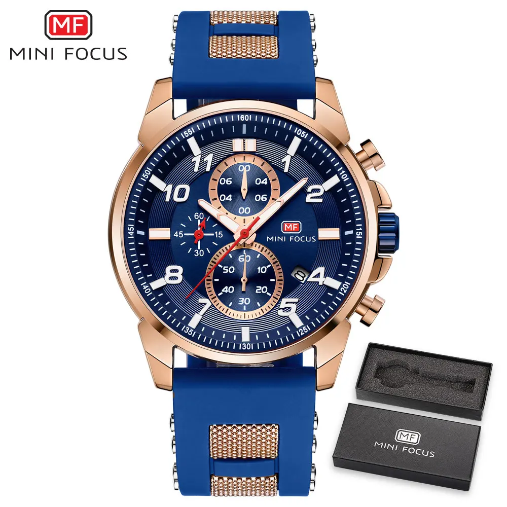 gold blue watch MINIFOCUS модные роскошные Брендовые спортивные часы мужские наручные кварцевые наручные часы мужские водонепроницаемые Relogio Masculino силиконовый ремешок - Цвет: gold blue watch
