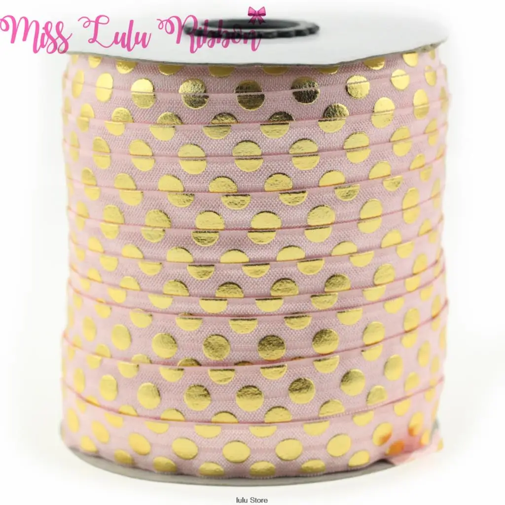 5/8&quot16mm(1.5cm) white gold foil polka dots printed fold over elastic ribbon glitter band handmade hair bows sewing tool 50 yards | Дом и