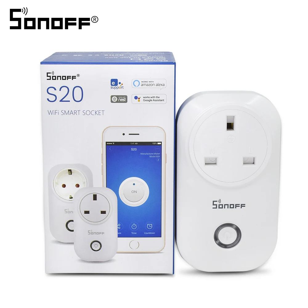 Itead Sonoff S20 ЕС Великобритании США разъем Смарт Wi-Fi Разъем дистанционного переключателя Управление автоматизации реле Модуль Outlet синхронизации 10A 90-250 В