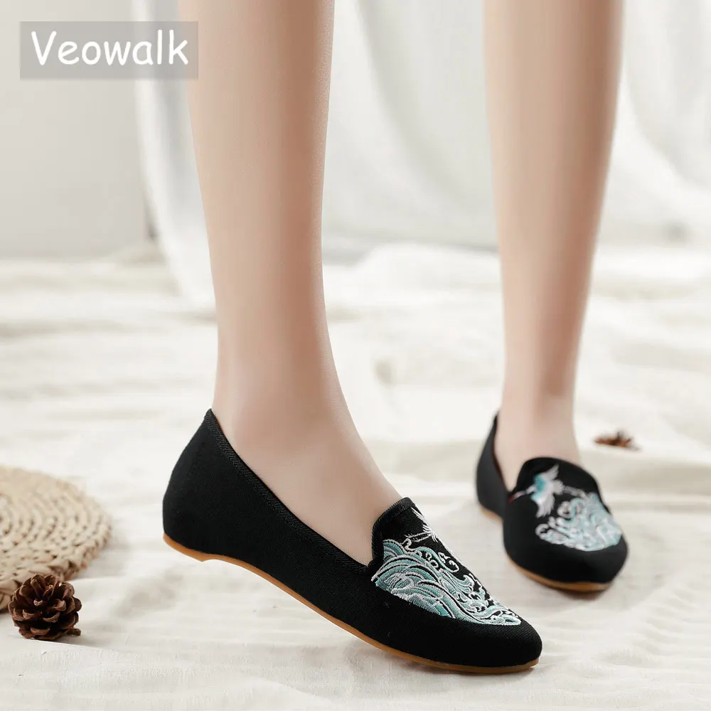 Женские парусиновые балетки Veowalk с вышивкой журавля на реке повседневные женские