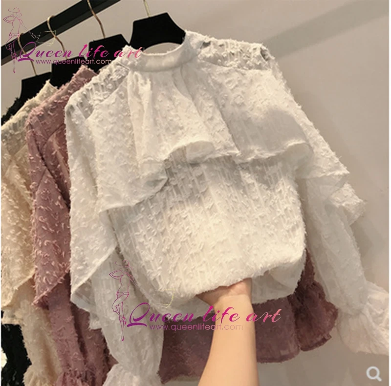 "QueenLifeArt"women fair maide French Dot lantern sleeve chiffon blouse The princess falbala shirts wholesale |
