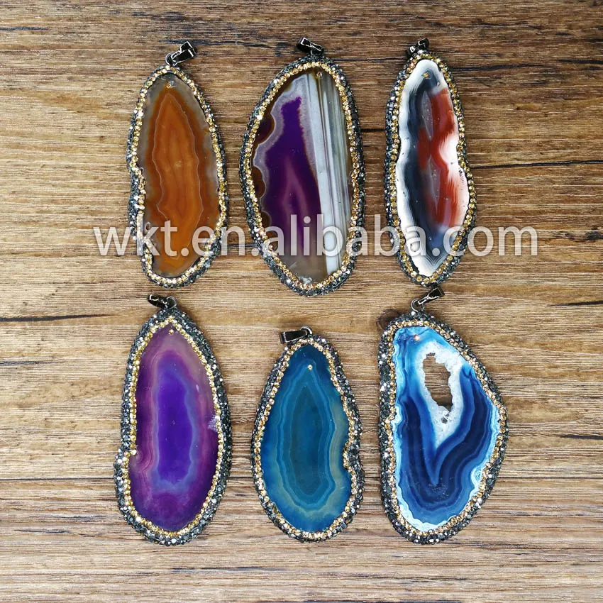 

WT-NP032 WKT New! Natural stone slice stone pendant with CZ Paved, fashion boho stone pendants