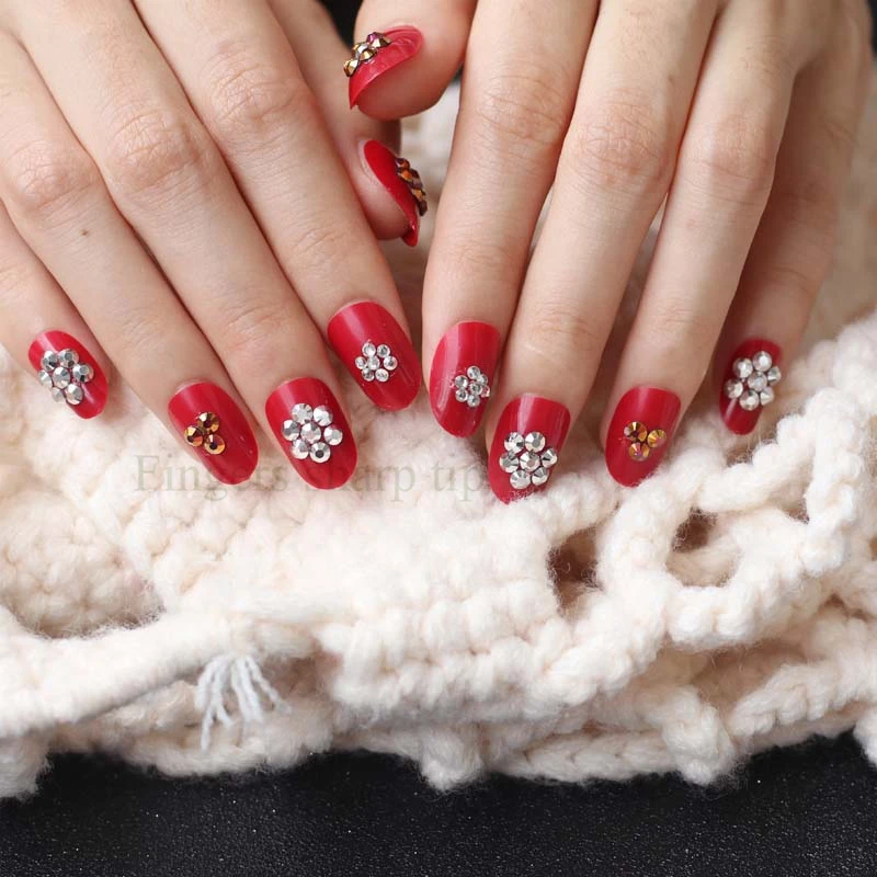 The latest popular full diamond crystal round head candy color handmade fake nails Rich red W15 | Красота и здоровье