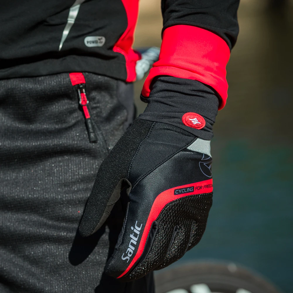 Мужские велосипедные перчатки Santic красные черные гелевые теплые с сенсорной