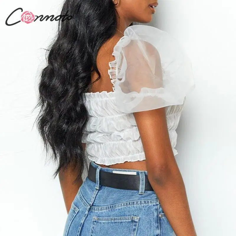 Conmoto Short Sexy White Blouse Mesh Women Crop Top Shirt Puff Sleeve Shirts Winter 2019 Casual Blusa Mujer |