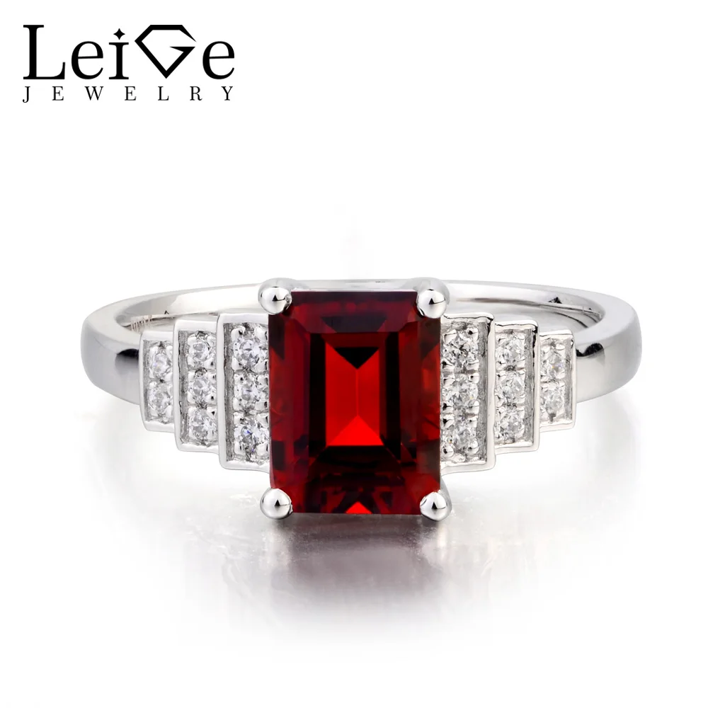 

Leige Jewelry January Birthstone Natural Garnet Ring Promise Ring Emerald Cut Red Gemstone 925 Sterling Silver Gifts for Lady