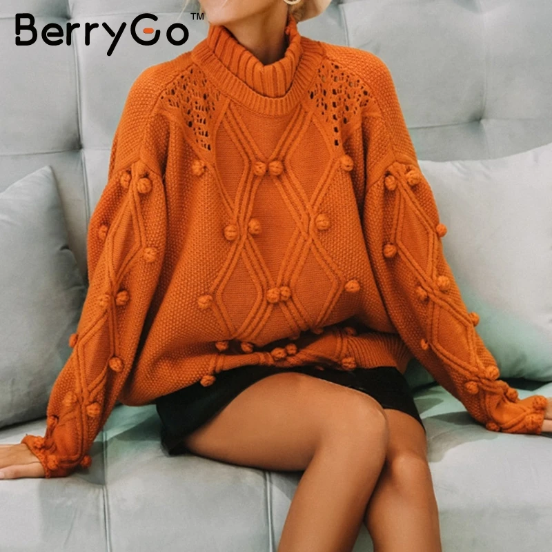 BerryGo Turtleneck pure woman sweater knitted pullovers Long sleeve loose vintage Autumn white jumper knitwear female | Женская одежда