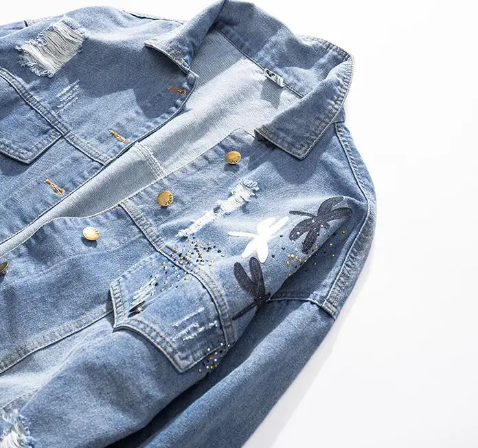 

Rlyaeiz Oversize 5XL Denim Jacket Women 2019 Spring Casual High Quality Long Sleeve Fashion Vintage Bow Holes Jeans Jacket Women