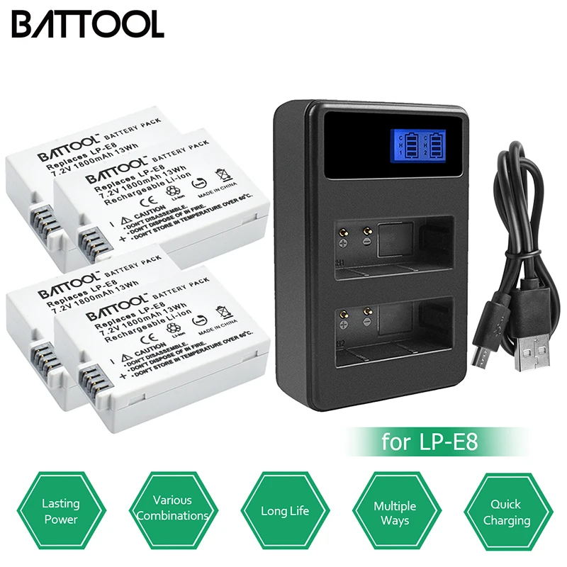 Battool 4 шт LP-E8 LP E8 батареи с ЖК-дисплей двойной Зарядное устройство для Canon Rebel T2i T3i T4i
