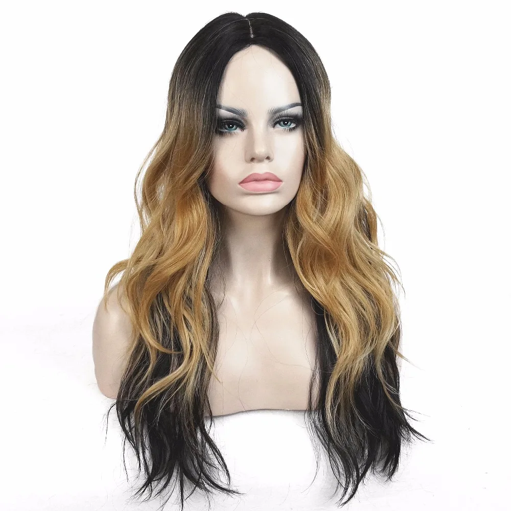 StrongBeauty женские Ombre парики синтетический натуральный длинные волнистые коричневый/Блонд выделяет Полный парик волос