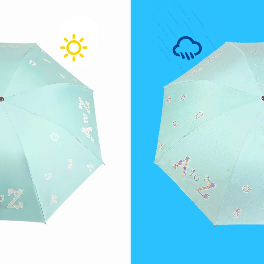 Water Color Changing Triple Folding Umbrella English Letter Rain Sun Parasol New