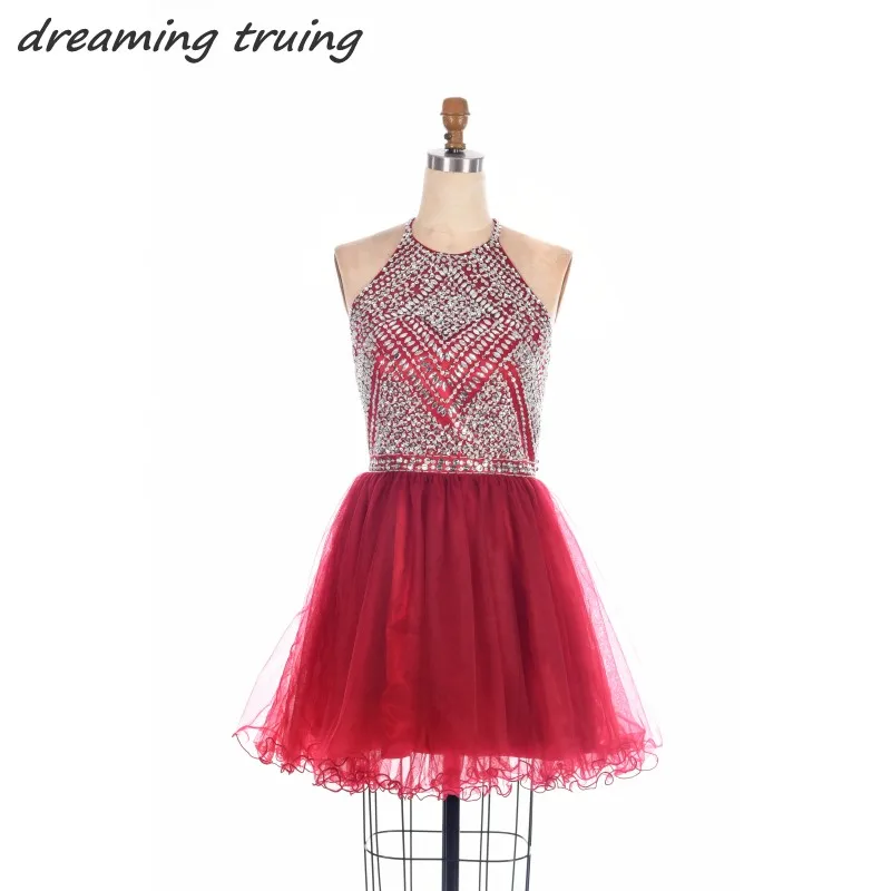Бордовое мини платье для выпускного вечера с бисером короткое сексуальное