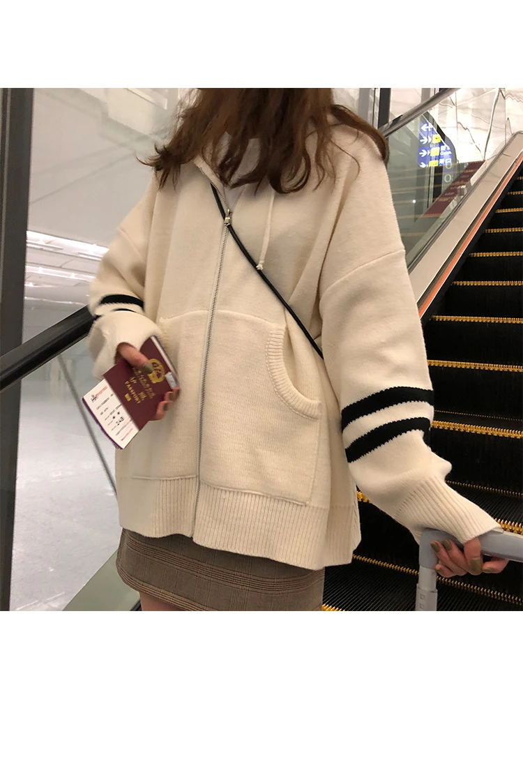 Woherb Harajuku Knitted Cardigan Women Korean Style Modis Striped Print Hooded Sweater Coat Girls Casual Runway Sweaters