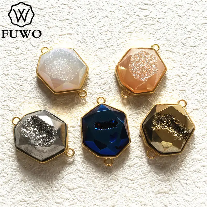 Fewo граненый аура Druzy Heptagon Разъем Кулон с золотым ободком отделан для изготовления