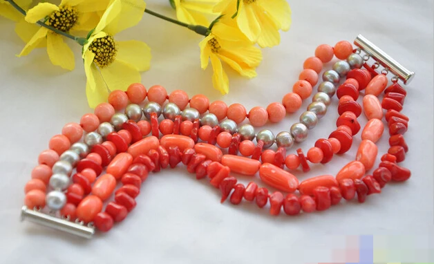 01207 5 ряд 8 &quotКруглый барочный красный розовый коралловый серый жемчужный браслет