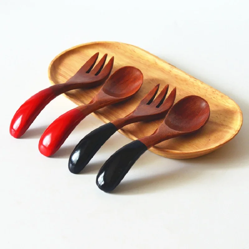 2 Sets Beautiful Twisted Spoon Fork Set Kids Wooden Red Black Curved Baby Dessert Kitchen Dinnerware | Дом и сад