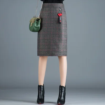 rosy plaid Женская шерстяная юбка миди средней длины, новинка, корейская мода, серый, оранжевый цвет, высокая талия, шерстяные юбки для женщин, faldas, разрез сзади - Цвет: rosy plaid