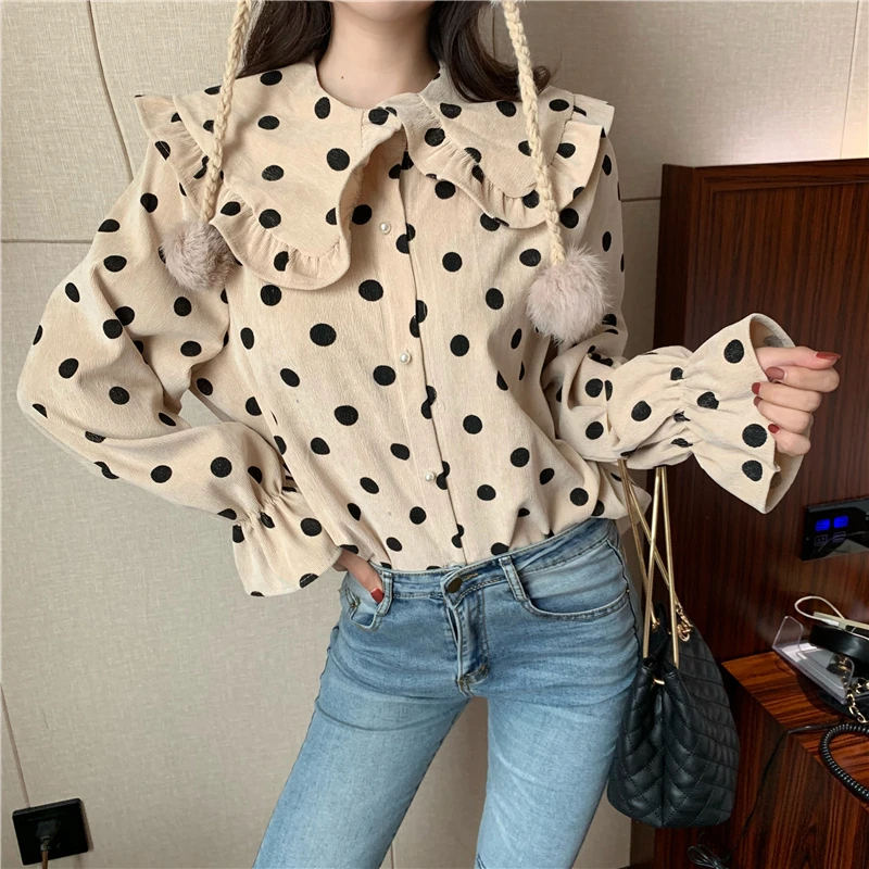 Lychee Girls Dot Print Ruffles Women Sweet Blouses Peter Pan Collar Long Flare Sleeve Female Shirts Autumn Winter Vintage Blouse | Женская
