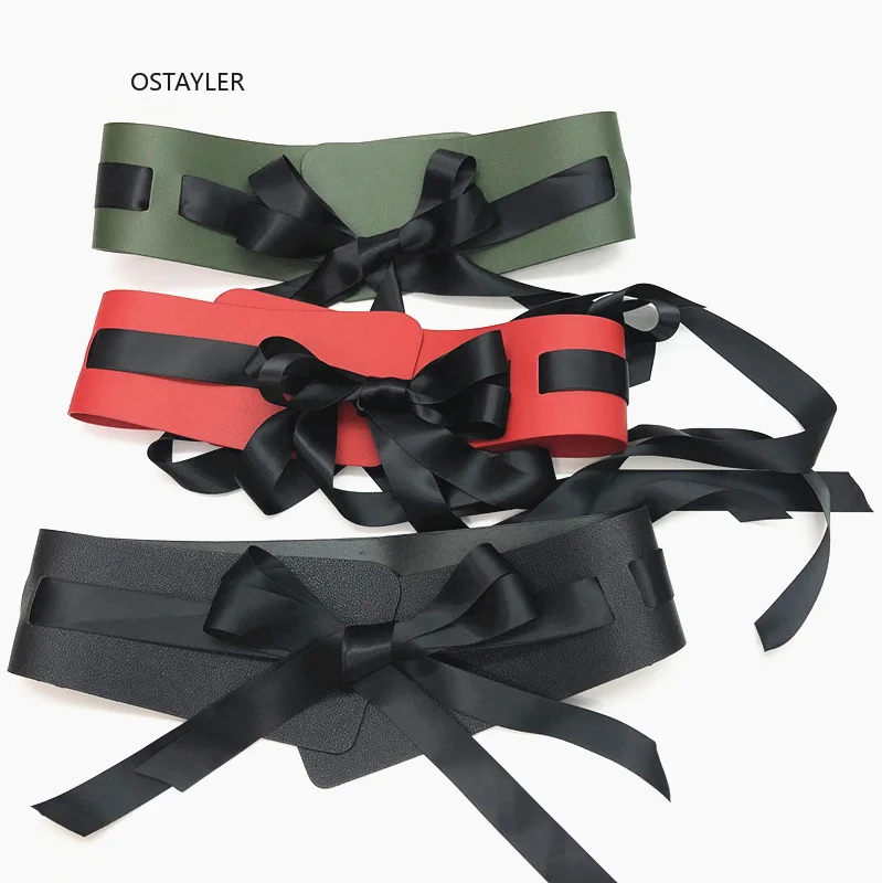 

2019 New Plain PU Dress Belts Decoration Double Self-tie Bowler Satin Waist Belts Women Wide Corset Ccummerbund Female Caestus
