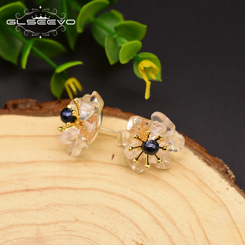 

GLSEEVO Natural White Crystal Pearl Stud Earrings For Women Birthday Day Gift 925 Sterling Silver Flower Earring Jewelry GE0780E