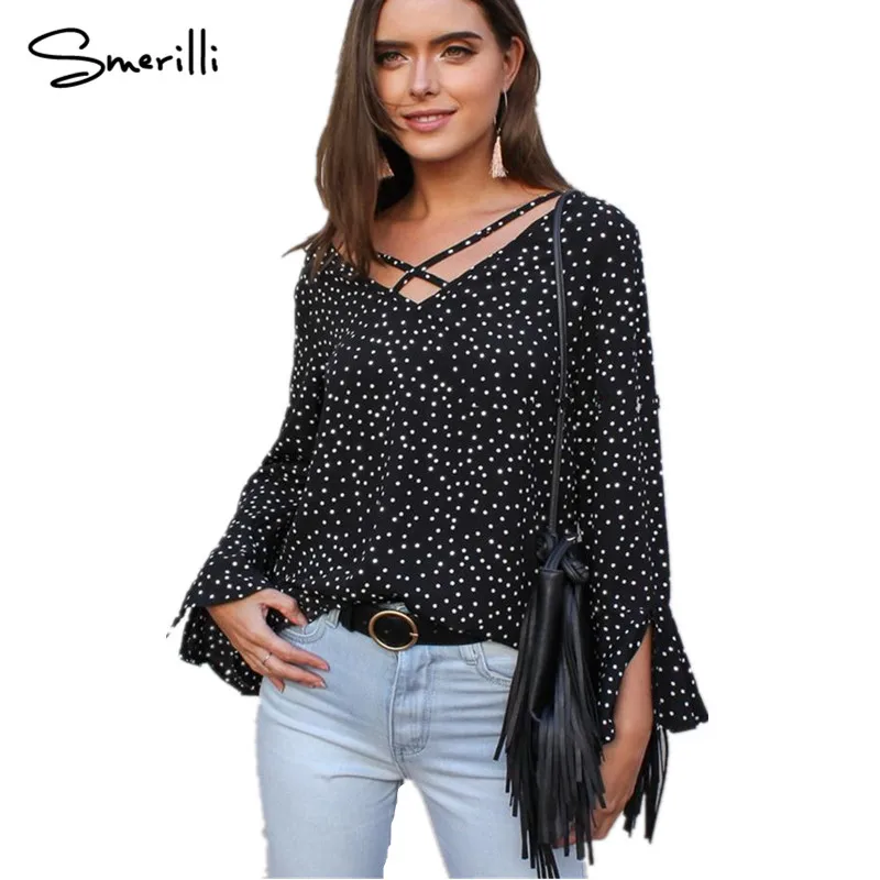 Big V-neck Dot Print Blouse Women Autumn Chiffon Flare Sleeves Blouses Long Puff Female Shirts Elegant Tops Women's Wear |