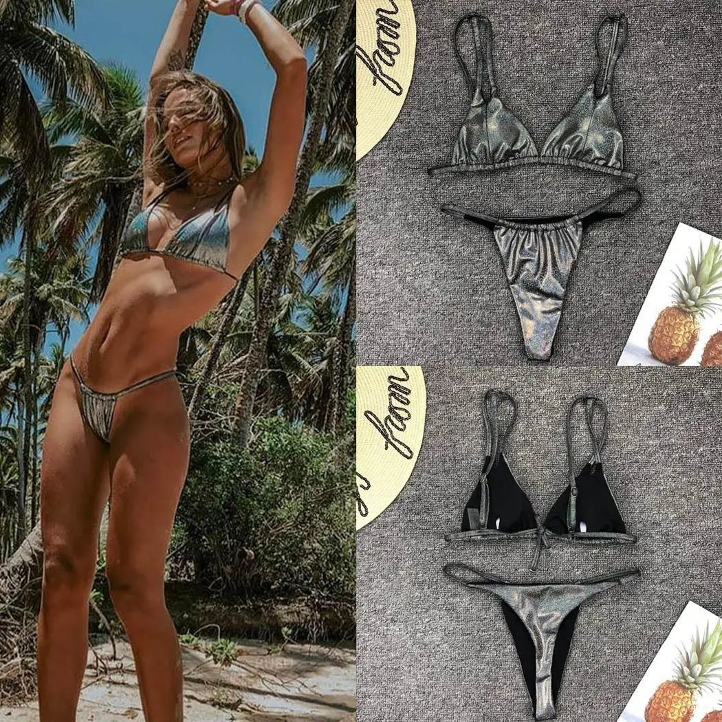 Women V Neck Adjustable Spaghetti Strap Bottom Yes Glitter Bikini Set Swimsuit Summer Fashion Beach Wire Free |