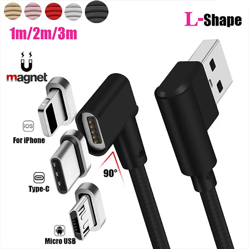 1 м/2 м/3 м Магнитный L изгиб локоть Micro/type-C/IOS/3 в 1 адаптер зарядное устройство кабель для передачи данных для samsung S8 S7 S6 для iPhone 8 7 6 5 Лот