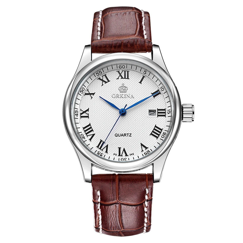 Мг. Часы наручные ORKINA Мужские кварцевые элегантные серебристые с коричневым