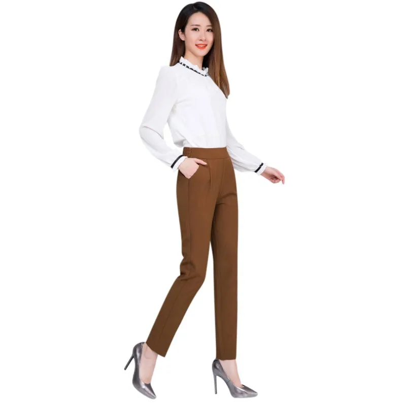 

Solid Skinny Pants Women Elastic Waist Pocket OL Style Work Cut Split Trousers new Autumn Mid Waist Long Pencil Pants Trousers