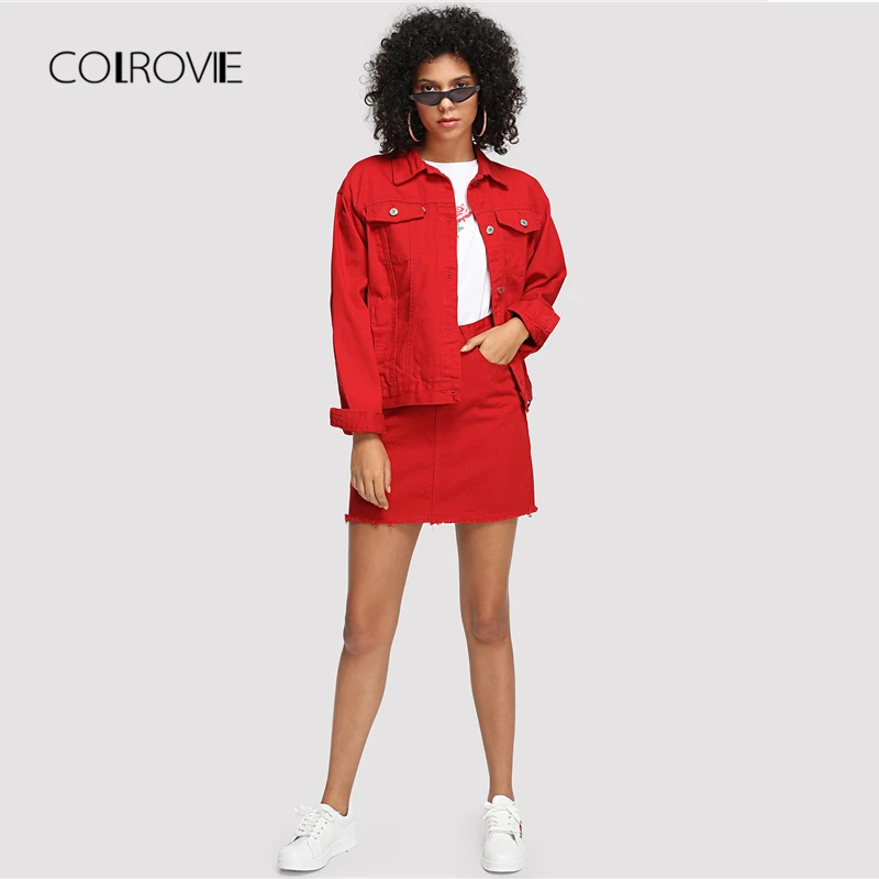 COLROVIE, Потертая джинсовая юбка с карманами, Весенняя красная, рваная, средняя талия, для девушек, повседневная, мини-юбка, летняя, трапециевидная, базовая, Женская юбка