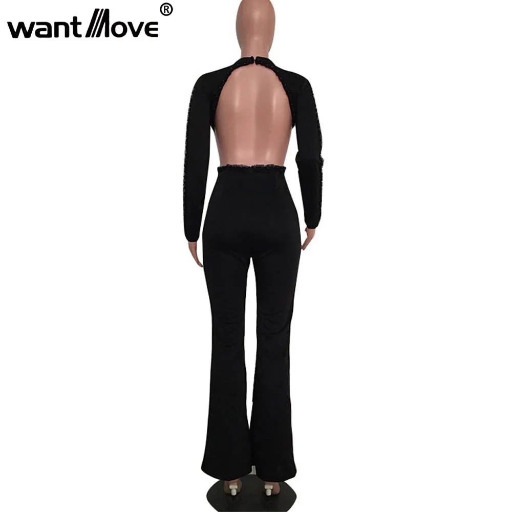 

Wantmove 2018 autumn European and American explosions jumpsuit sexy long-sleeved beading wood earless backsuit jumpsuit WM475