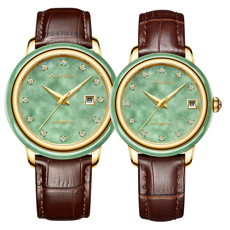 Новая пара часы Бизнес Для мужчин Нефритовая Механические нефритовый полый