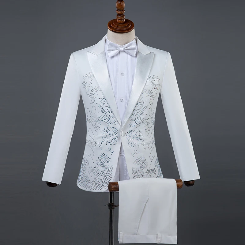 

(jacket+pant) Performance Costumes Mens Bright Diamonds Casual Stage Show Suit Choral Singers Slim Fit Wedding Groom Dress Suits