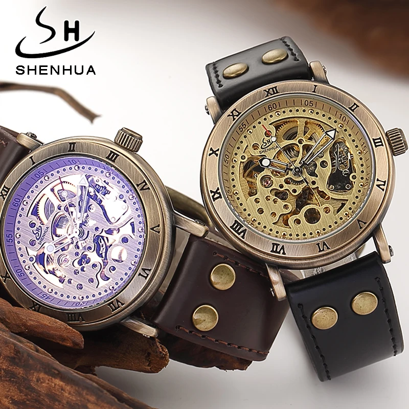 

Vintage Bronze Men's Mechanical Automatic Watches SHENHUA Leather Strap Analog Lumious Hands Skeleton Watch Men Wristwatches