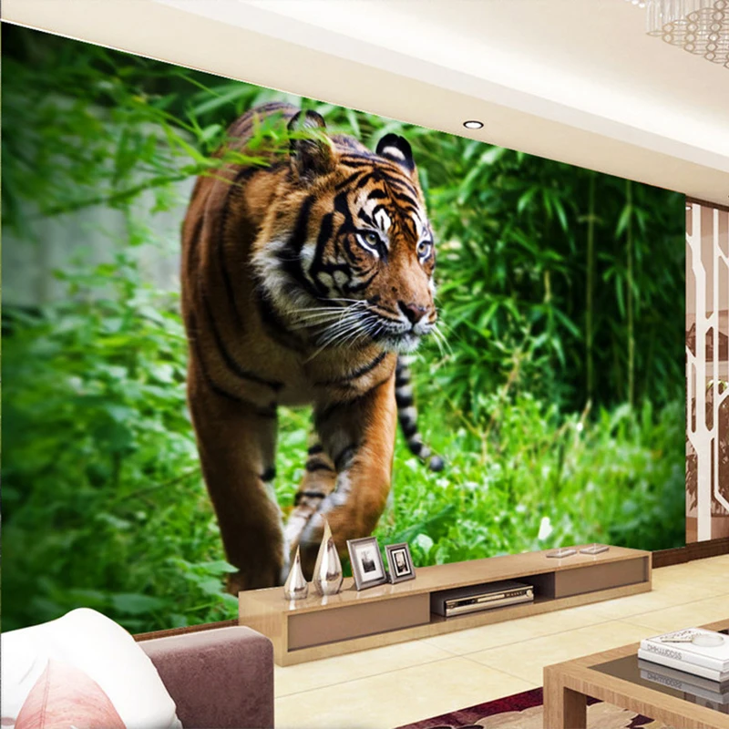 

Photo Wallpaper 3D Stereo Tiger Forest Green Tree Murals Wallpapers Living Room TV Backdrop Wall Home Decor Papel De Parede 3 D