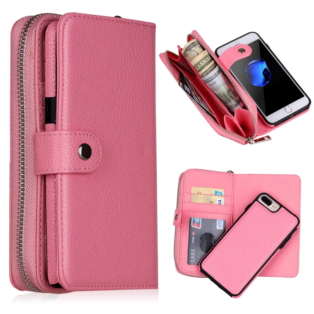Кожаный чехол бумажник 2 в 1 на молнии Отделяемый силиконовый для iPhone 6 6S i7 i7P i8 i8P с