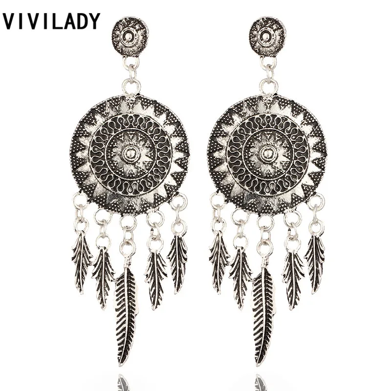 Vivilady Модный Boho Ретро серебристого цвета с длинной бахромой перо листьев солнце