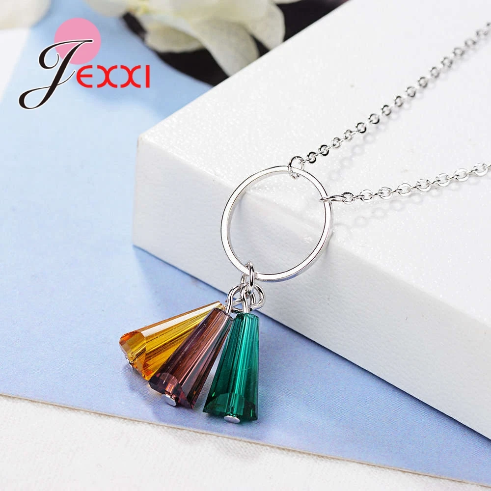 Delicate Trendy High Quality 3 Corlor Rhinestone Pendant 925 Sterling Silver Necklace For Women Engagement Fashion Jewelry | Украшения и